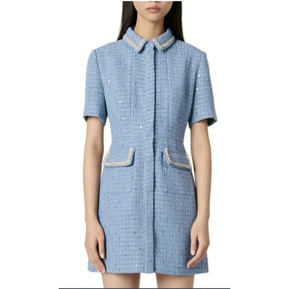 New Maje $495 Sequin Embellished Tweed Mini Dress Sz Small & Medium - Picture 1 of 12
